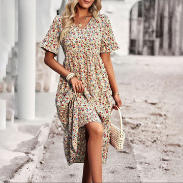 Women's Chic Floral Midi Summer Dress - Casual Beach Party