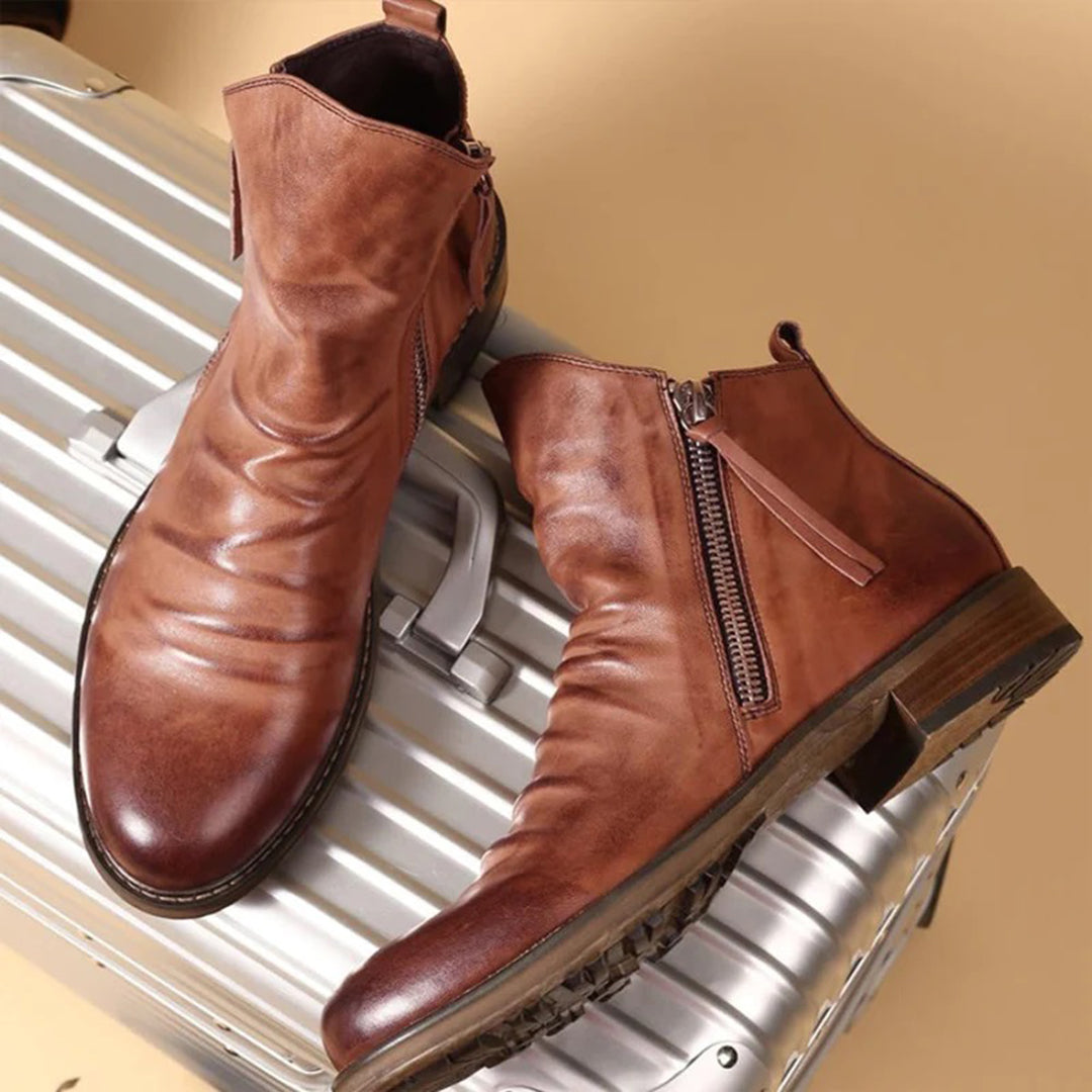 Men's Ankle Boots - Side Zip with Low Heel