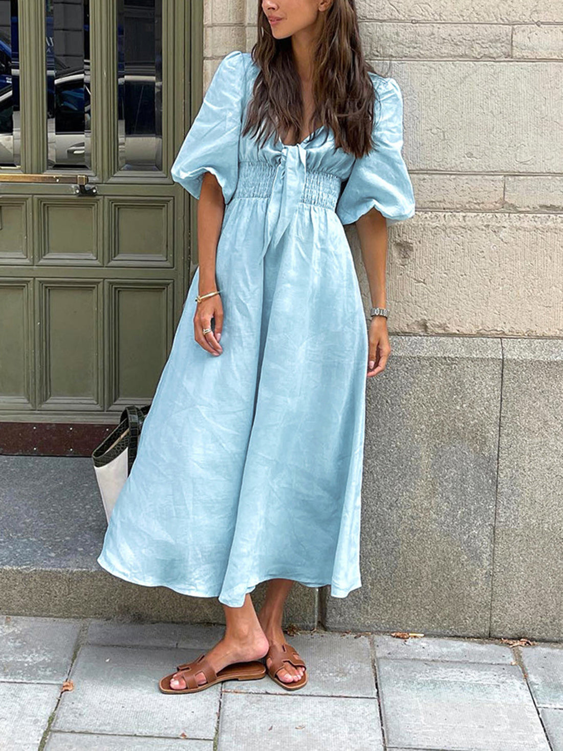 Women's Light Blue Linen Midi Dress - Front Tie Puff Sleeve