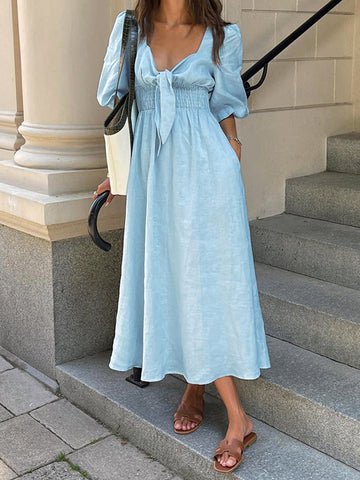 Women's Light Blue Linen Midi Dress - Front Tie Puff Sleeve