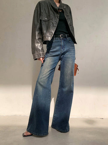 Women's Blue High-Waisted Wide-Leg Flared Jeans - Vintage Wash