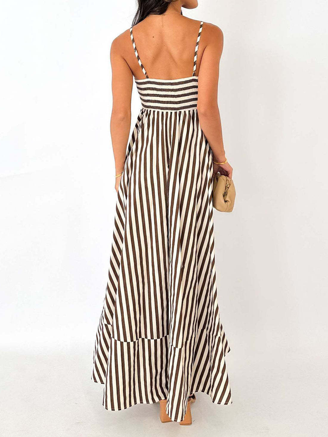 Women's Black Striped Pleated Maxi Sundress - Sleeveless Summer Style