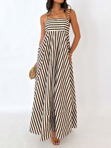 Women's Black Striped Pleated Maxi Sundress - Sleeveless Summer Style