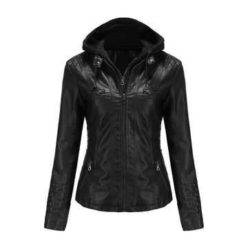 Women's Leather Jacket - Hooded & Slim-Fit Style