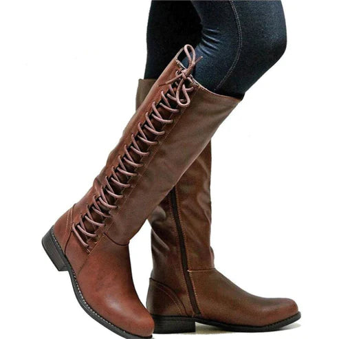 Women's Knee-High Boots - Side Lace-Up with Inner Zip and Low Heel