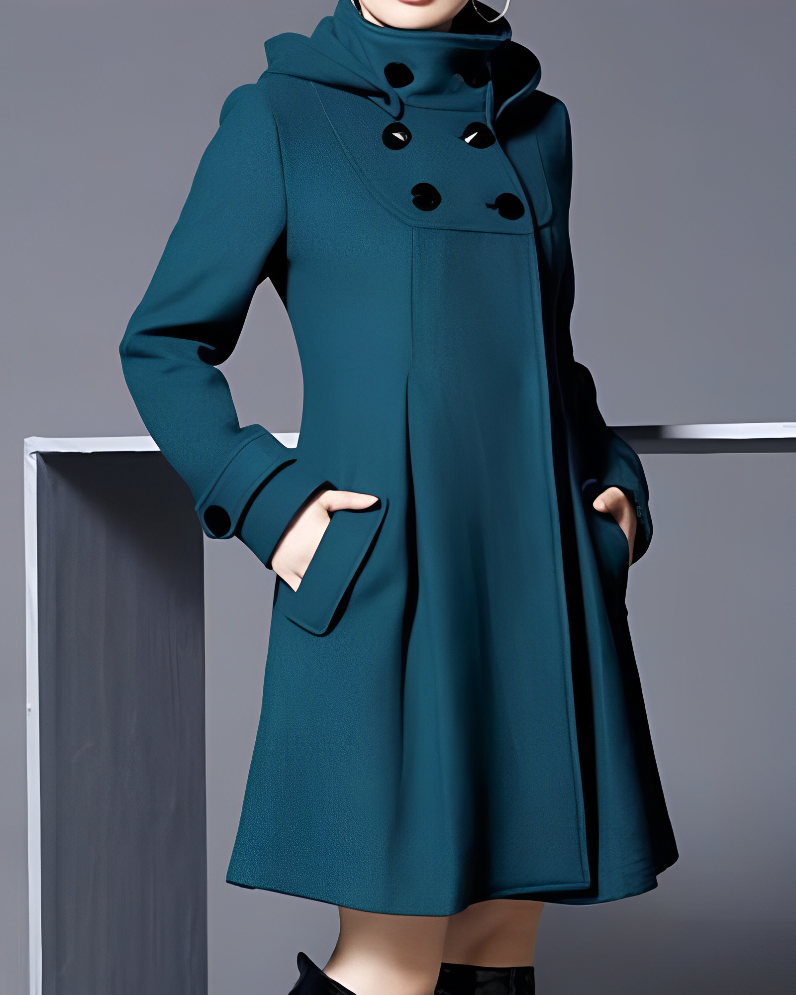 Women's A-Line Winter Coat - Hooded Double-Breasted Trench Design