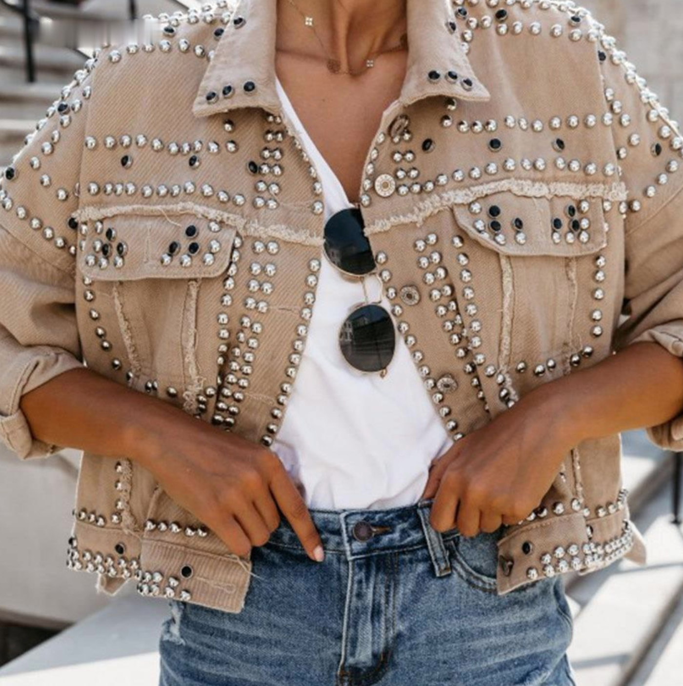 Women's Studded Bomber Jacket - Button Front with Distressed Trim