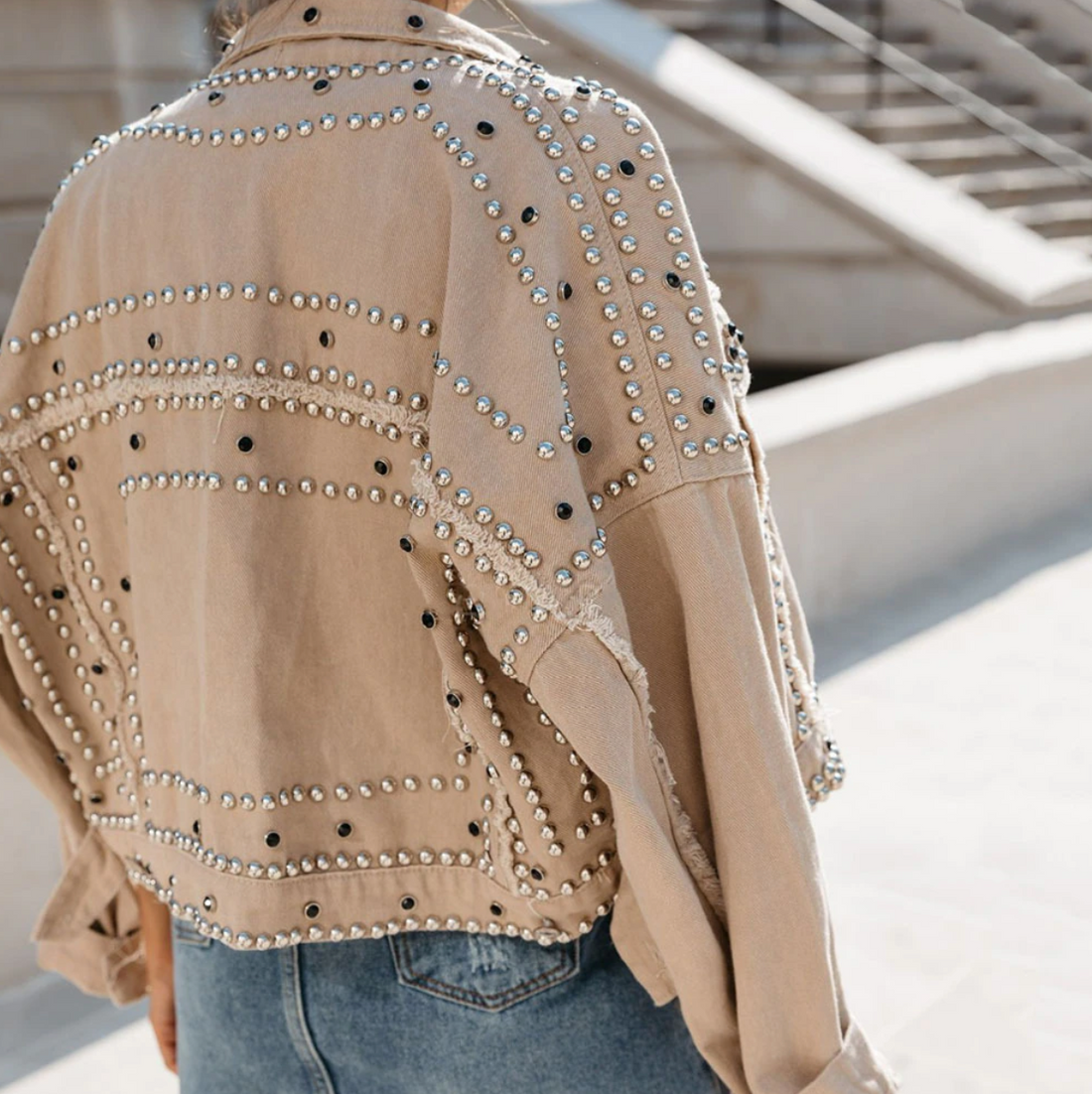 Women's Studded Bomber Jacket - Button Front with Distressed Trim