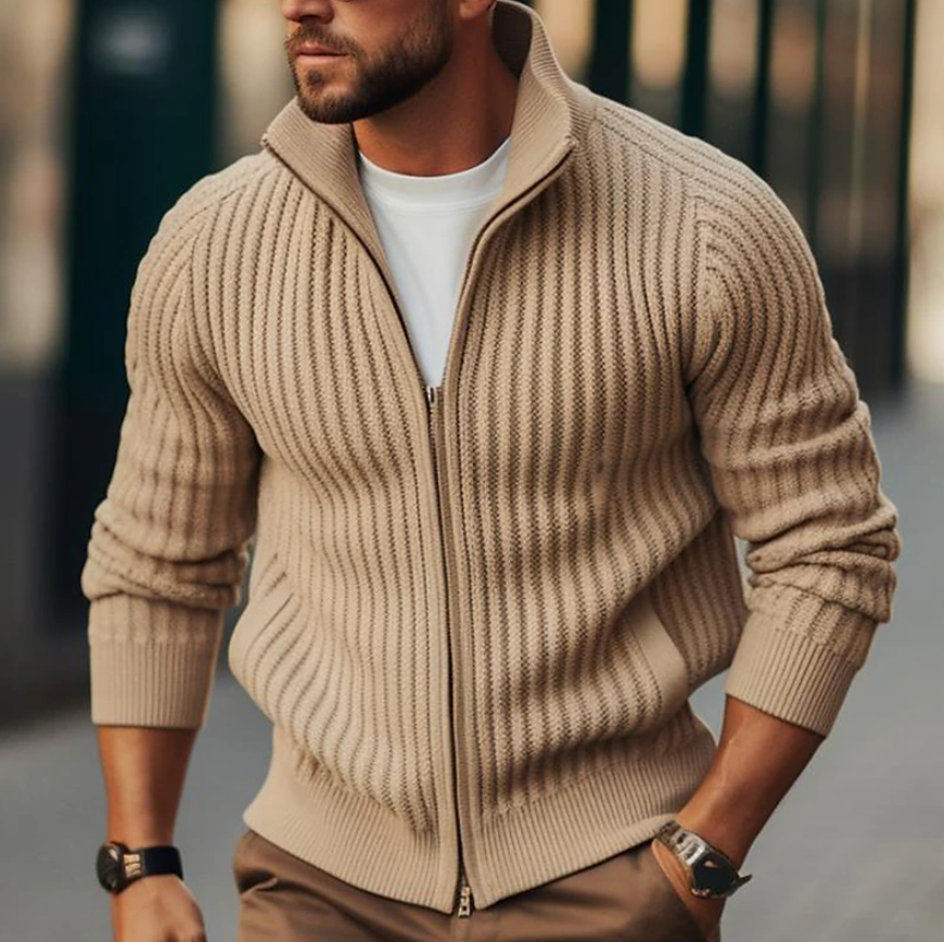 Men's High-Neck Knitted Cardigan - Ribbed Style