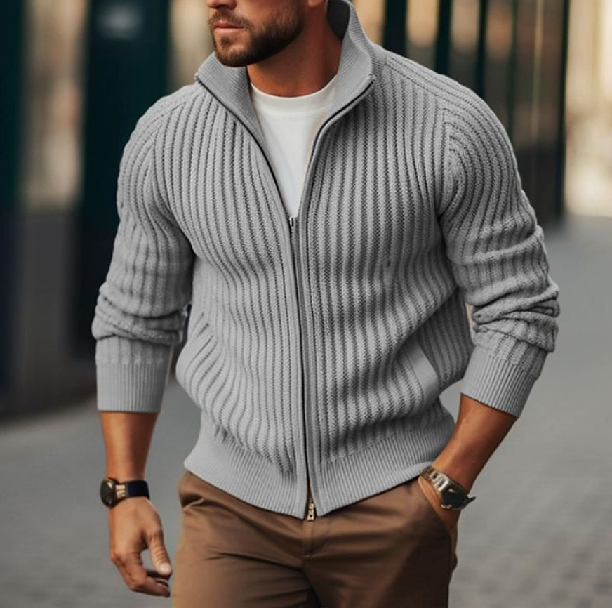 Men's High-Neck Knitted Cardigan - Ribbed Style