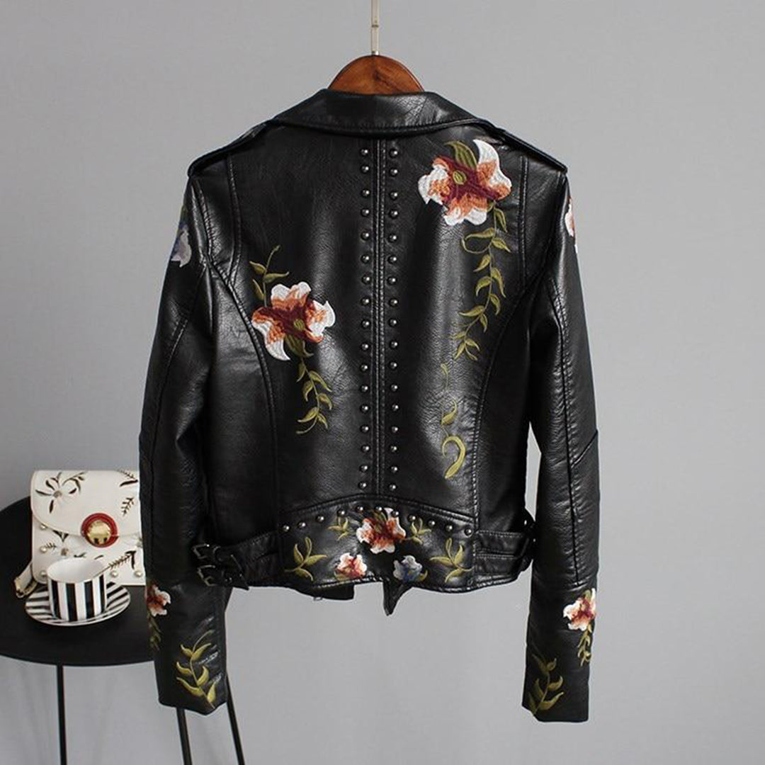 Women's Black Leather Jacket - Biker Style & Floral Embroidery with Studs