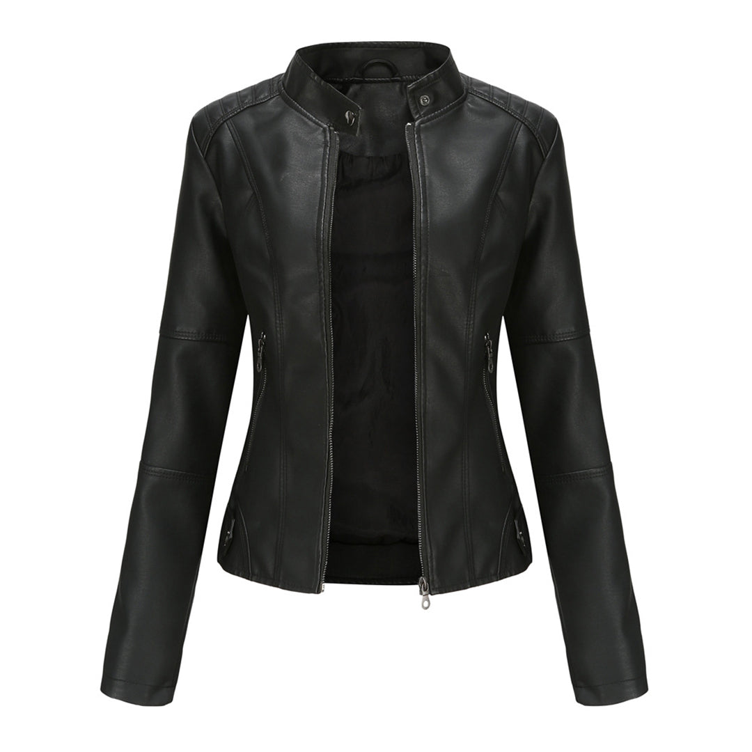 Women's Leather Jacket - Biker Style & Stand-Up Collar Detail