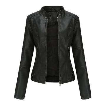Women's Leather Jacket - Biker Style & Stand-Up Collar Detail