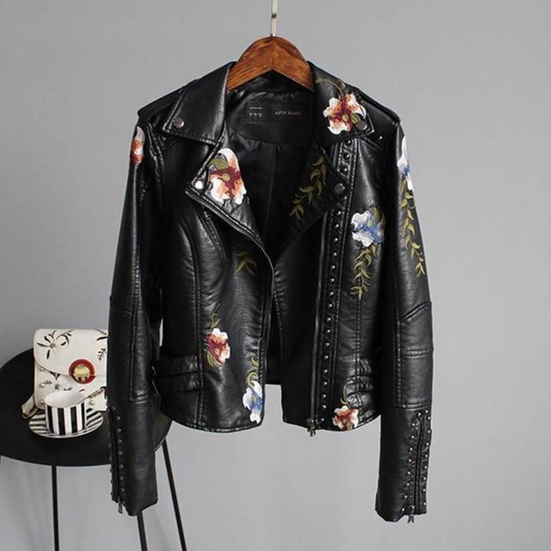 Women's Black Leather Jacket - Biker Style & Floral Embroidery with Studs