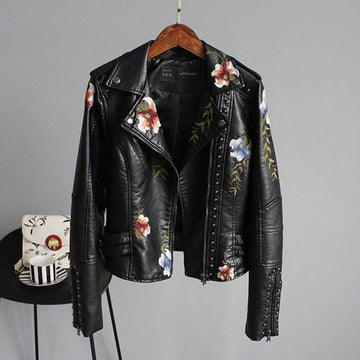 Women's Black Leather Jacket - Biker Style & Floral Embroidery with Studs