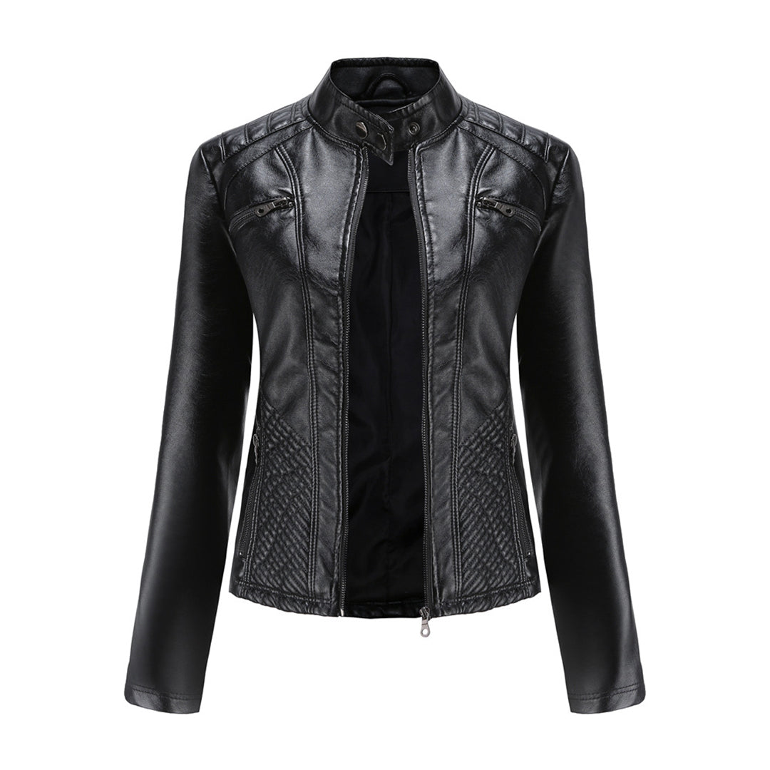 Women's Leather Jacket - Stand-Up Collar & Ribbed Details