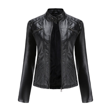 Women's Leather Jacket - Stand-Up Collar & Ribbed Details