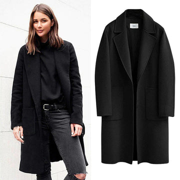 Women's Winter Longline Coat - Notch Lapel and Single Button Closure