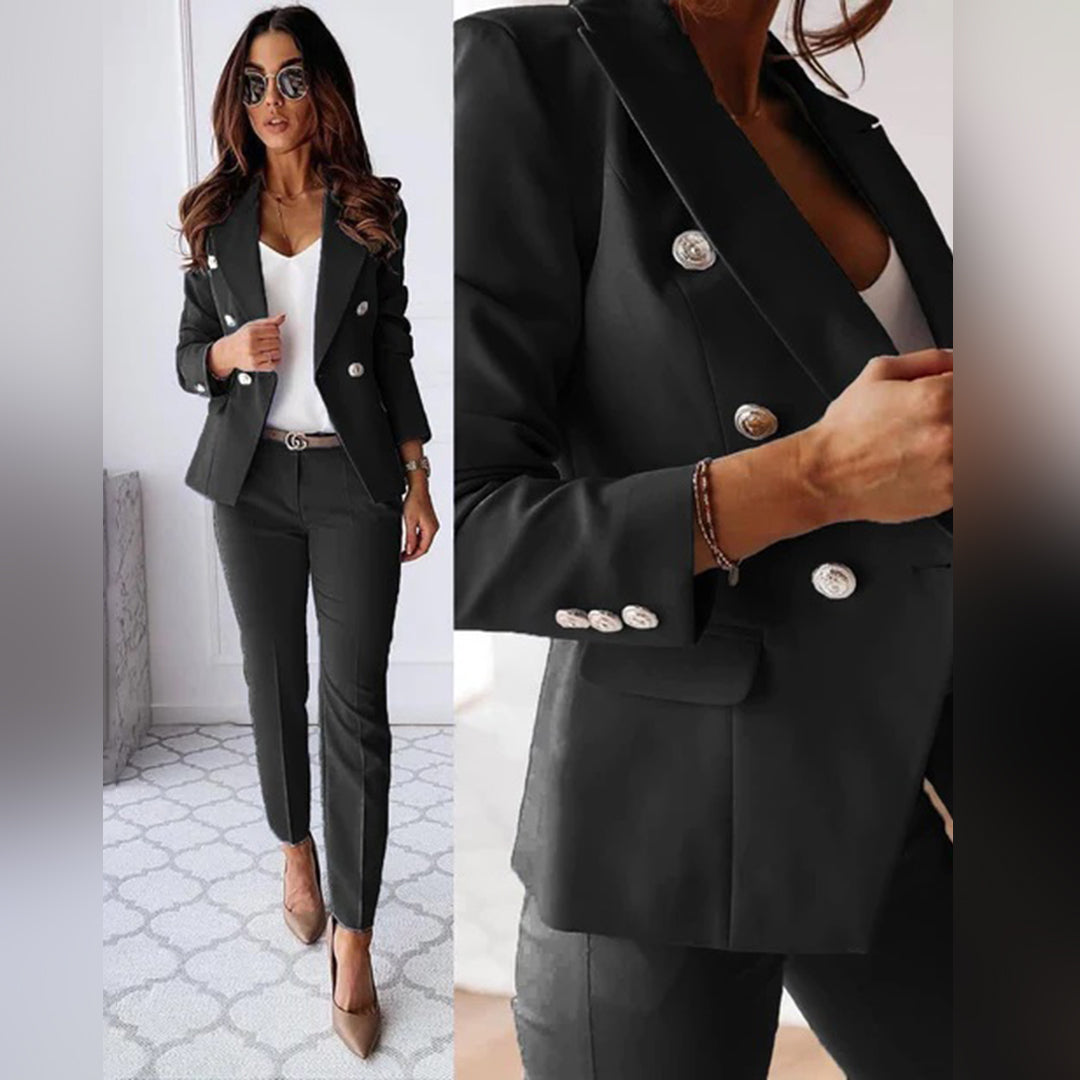 Women's Blazer Trouser Set - Double-Breasted Blazer with Slim-Fit Trousers