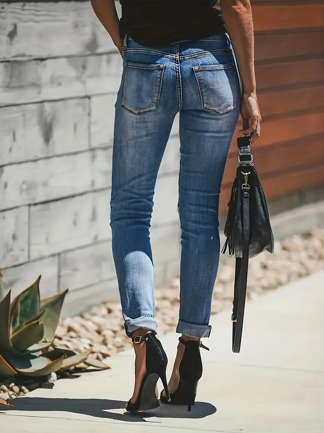 Women's Blue Slim-Fit Ripped Jeans - Button Fly & Rolled Hem