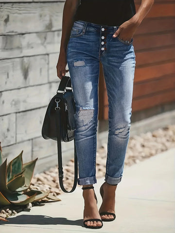 Women's Blue Slim-Fit Ripped Jeans - Button Fly & Rolled Hem