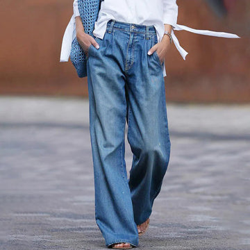 Women's High Waisted Blue Wide Leg Jeans - Pleated Relaxed Fit