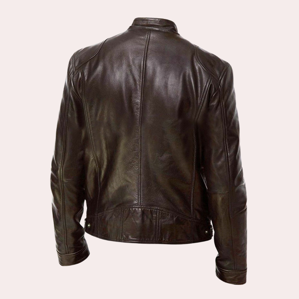Men's Leather Jacket - Biker Style with Stand-Up Collar