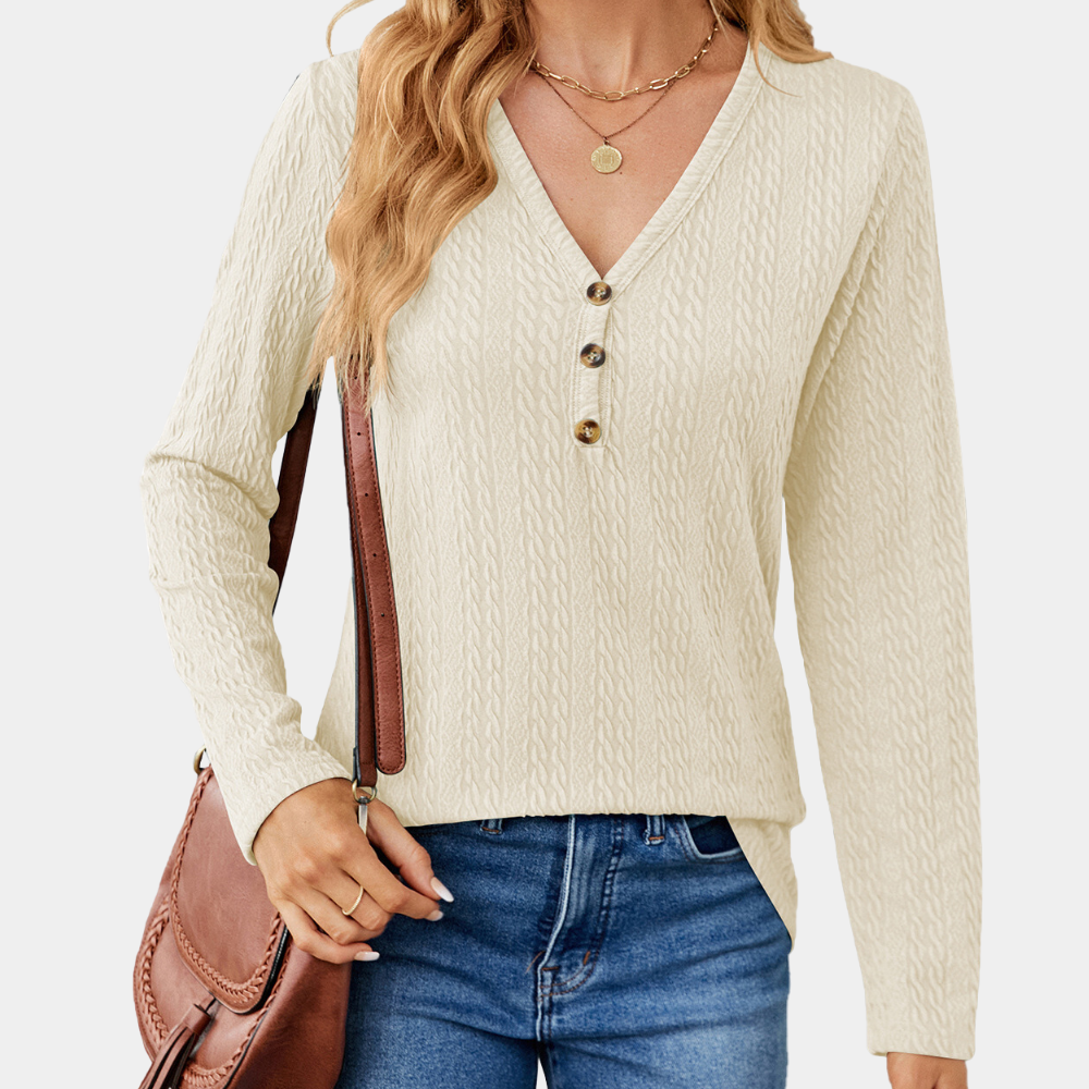Women's Long Sleeve Top - Cable Knit & V-Neck