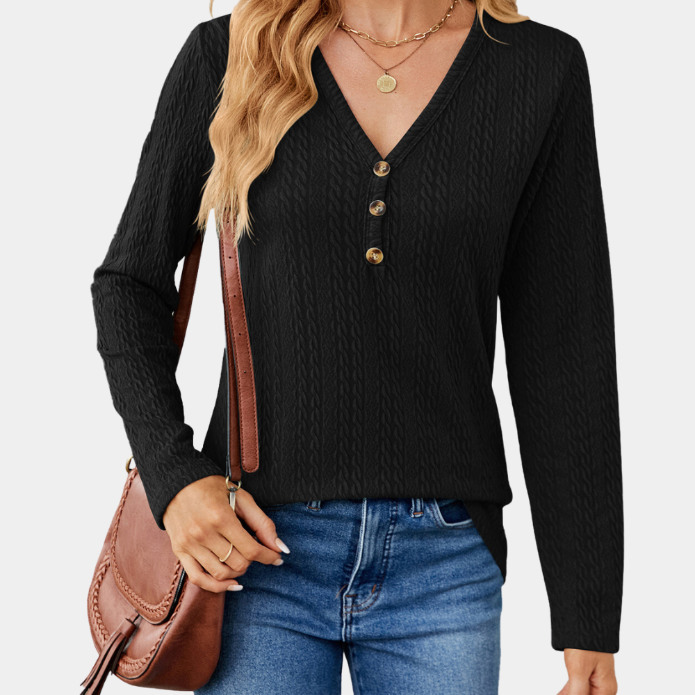 Women's Long Sleeve Top - Cable Knit & V-Neck
