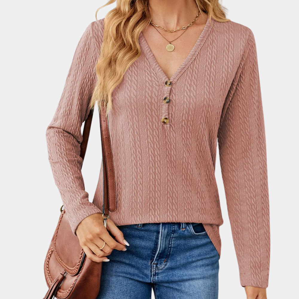 Women's Long Sleeve Top - Cable Knit & V-Neck