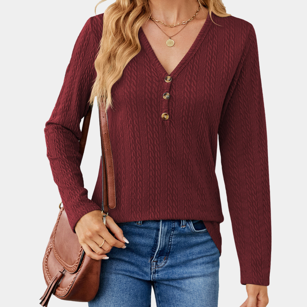 Women's Long Sleeve Top - Cable Knit & V-Neck