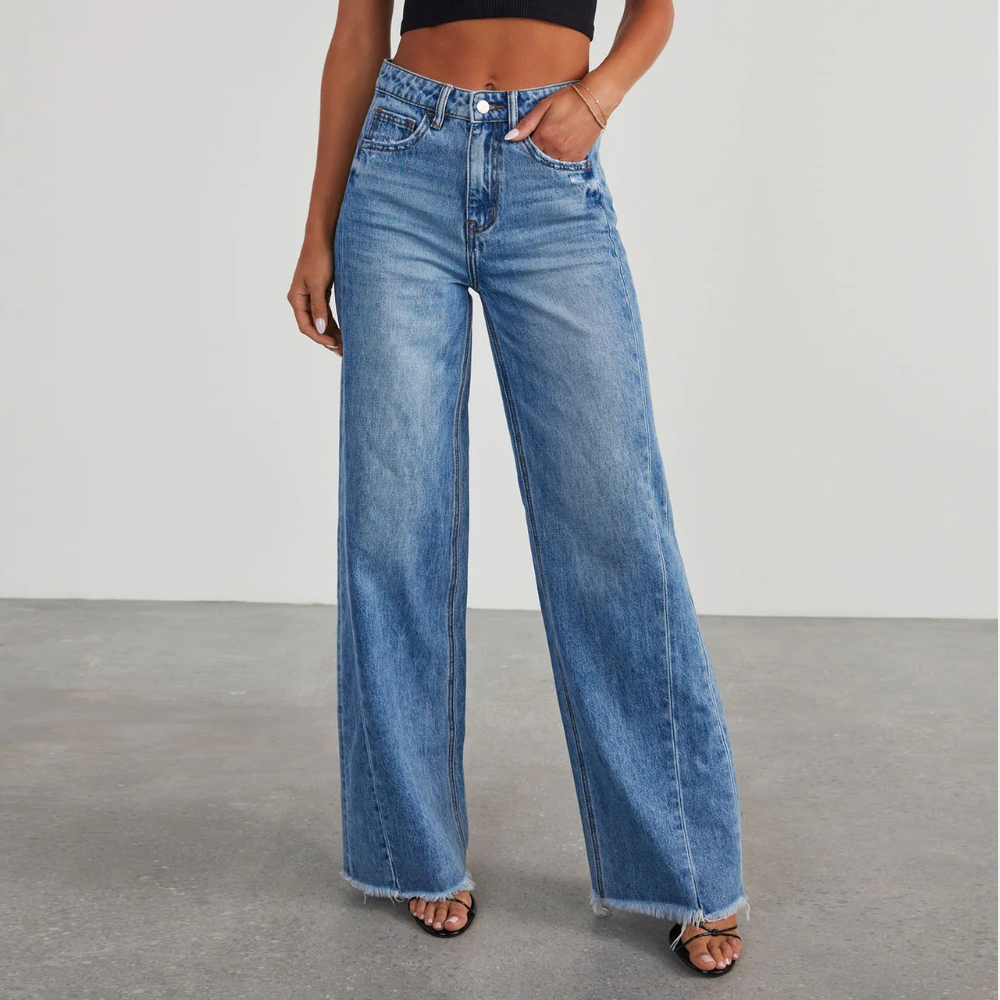 Women's High Waisted Blue Wide Leg Jeans - Distressed Hem