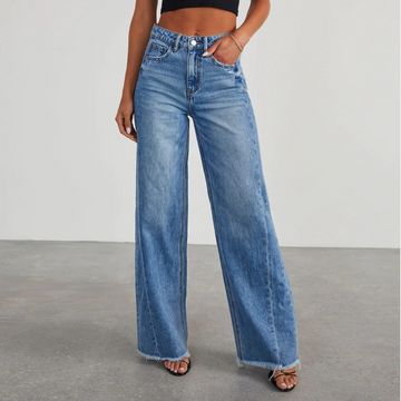 Women's High Waisted Blue Wide Leg Jeans - Distressed Hem