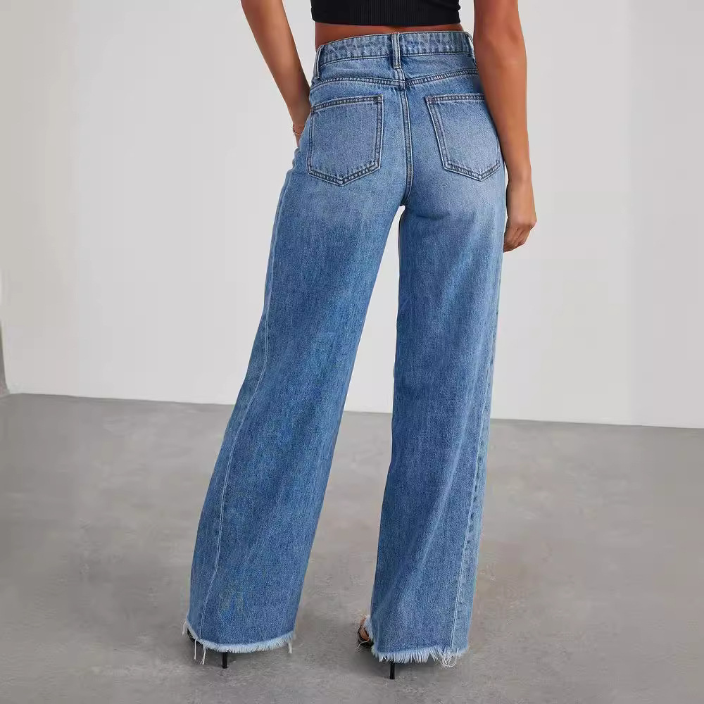 Women's High Waisted Blue Wide Leg Jeans - Distressed Hem