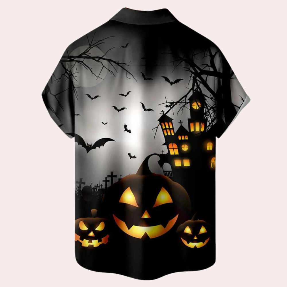 Men's Halloween Short Sleeve Shirt - Spooky Haunted House Print