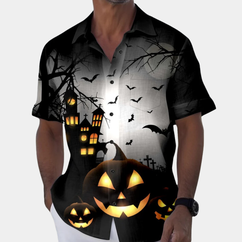 Men's Halloween Short Sleeve Shirt - Spooky Haunted House Print