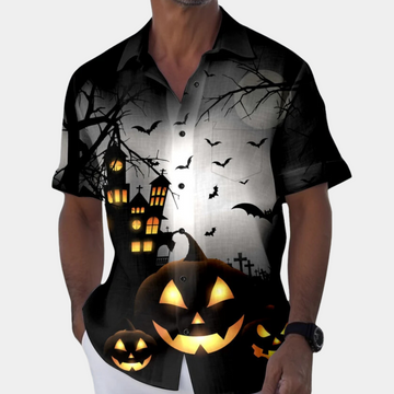 Men's Halloween Short Sleeve Shirt - Spooky Haunted House Print