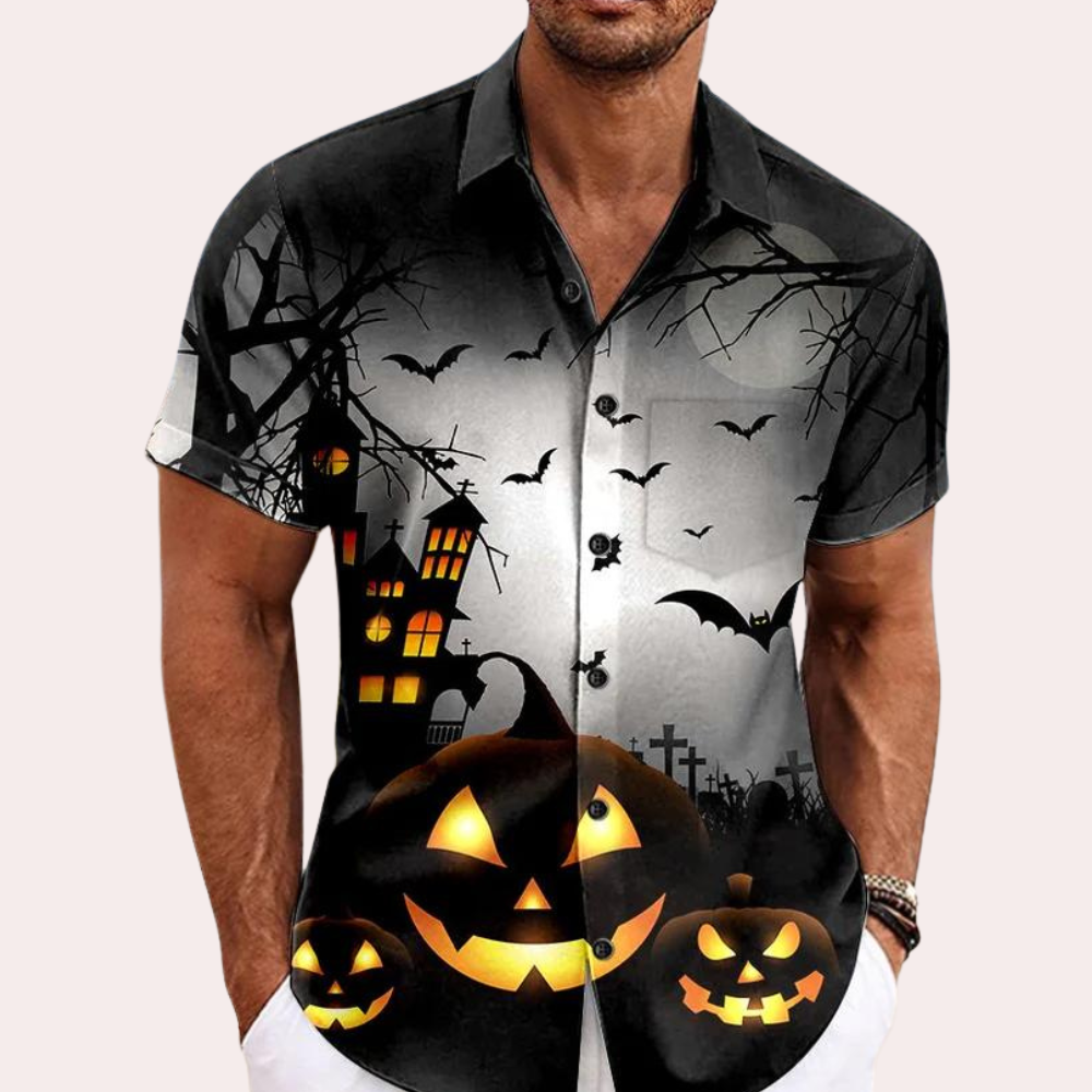 Men's Halloween Short Sleeve Shirt - Spooky Haunted House Print