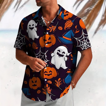 Men's Halloween Costume Ghost & Pumpkin Shirt - Casual Spooky Print