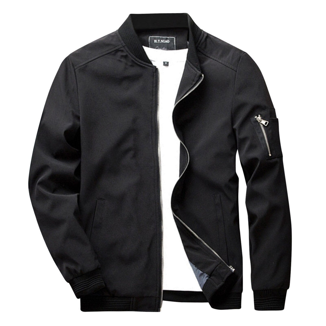 Men's Full-Zip Bomber Jacket - Ribbed Trim & Sleeve Pocket