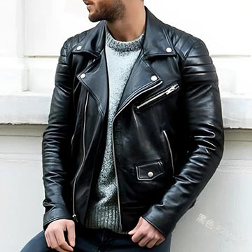 Men's Leather Jacket - Biker Style with Wide Lapel