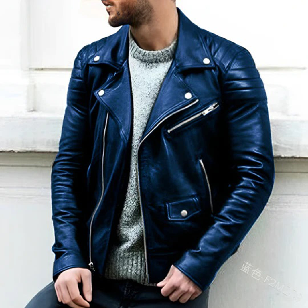Men's Leather Jacket - Biker Style with Wide Lapel