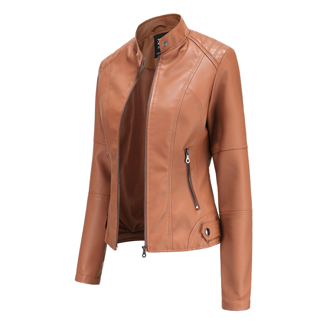 Women's Leather Jacket - Biker Style & Stand-Up Collar Detail