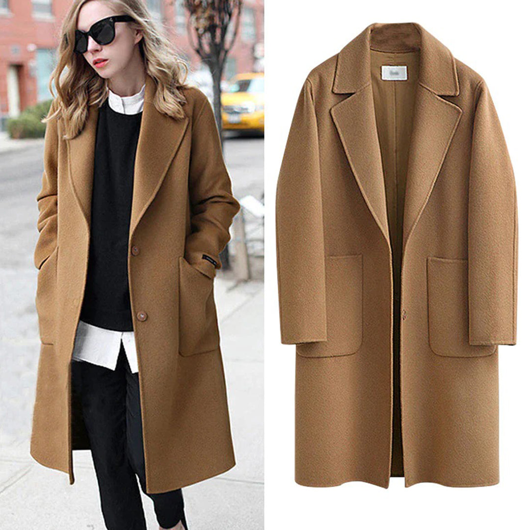 Women's Winter Longline Coat - Notch Lapel and Single Button Closure