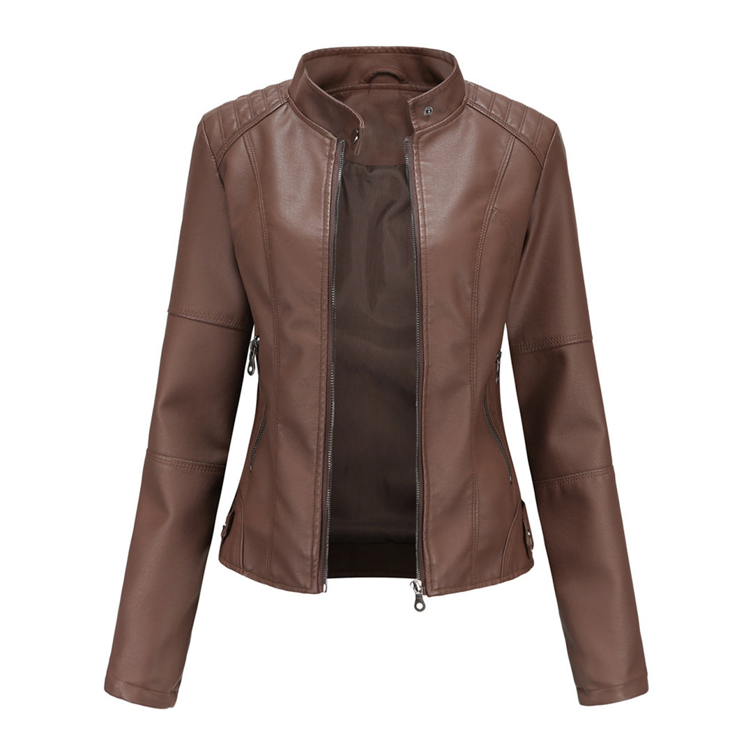 Women's Biker Jacket - Front Zipper with Quilted Detail