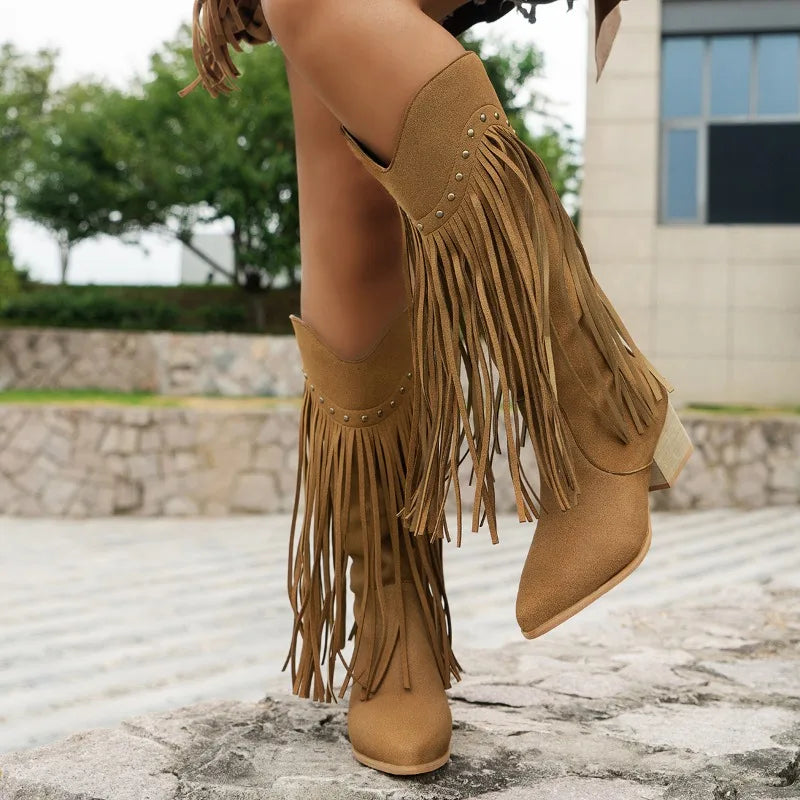 Women's Elegant Cowboy Boots - Fringe & Square Heel
