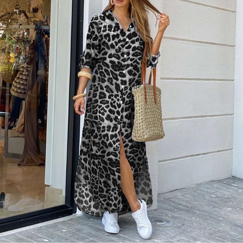 Women's Leopard Print 3/4 Sleeve Shirt Dress - Button-Up Split Maxi