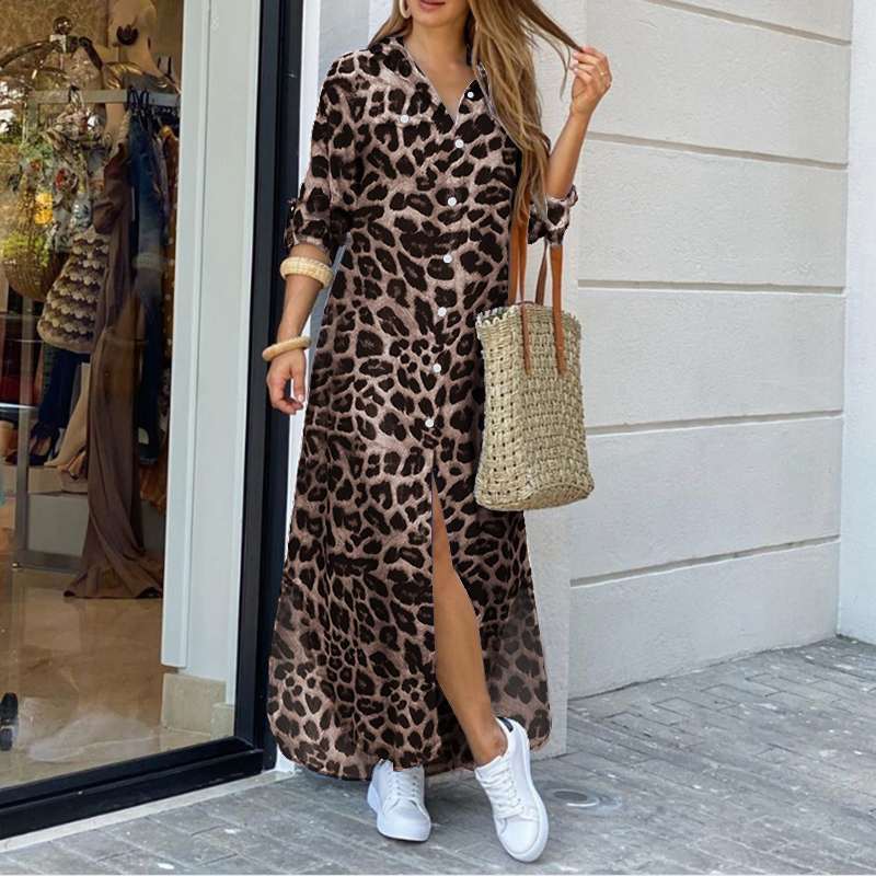 Women's Leopard Print 3/4 Sleeve Shirt Dress - Button-Up Split Maxi