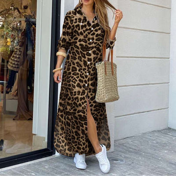 Women's Leopard Print 3/4 Sleeve Shirt Dress - Button-Up Split Maxi
