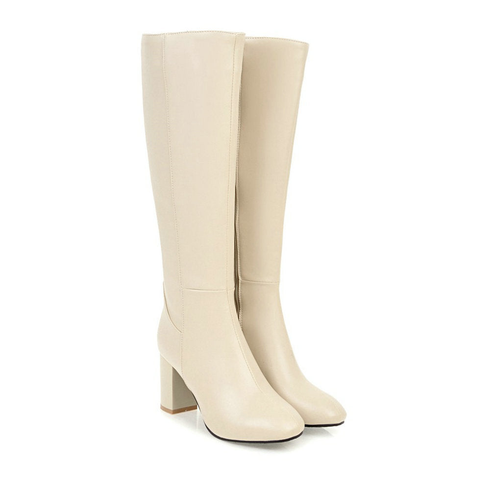 Women's Knee-High Boots - Block Heel and Side Zip Closure